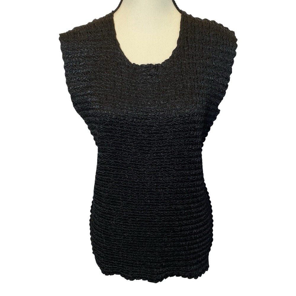 Nicola Woman's Crinkle Tank Top Size XL Black Stretch Top Smocked Retro Y2K